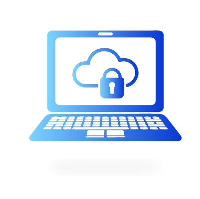 A blue laptop icon/symbol with a cloud and pad-lock symbol on the screen.